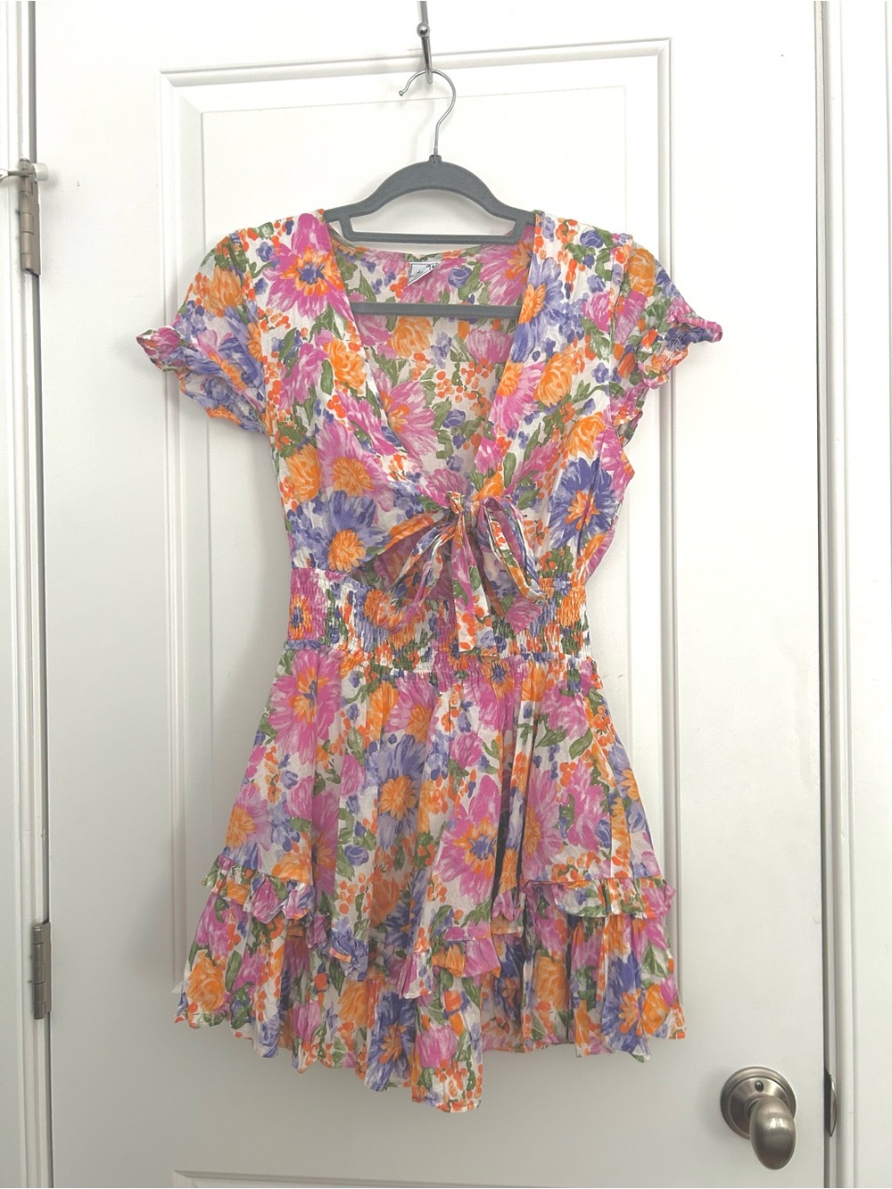 Angel Biba Pink Orange Floral Tie Front Cut Out Tiered Dress
